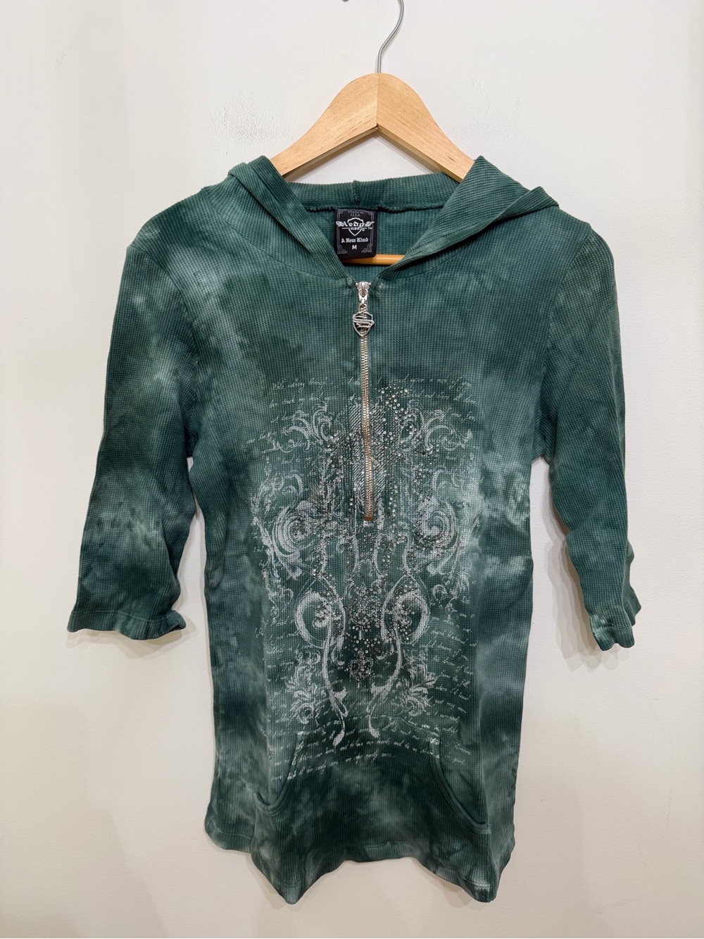 Sledge USA Tie Dye Top Hoodie Waffle Knit 1/2 Zip Bedazzled Y2K Grunge Women’s M